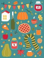 Set autumn elements. Cozy warm fall. Cute cottage core symbols. Vector doodle illustration.