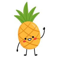 Pineapple waves his hand. Cartoon character pineapple with arms and legs, with different emotions. Vector illustration isolated on white background