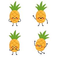 Set cute cartoon characters pineapples. Pineapple with arms and legs, with different emotions. Vector illustration isolated on white background