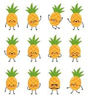 Big Set cute cartoon characters pineapples. Pineapple with arms and legs, with different emotions. Vector illustration isolated on white background