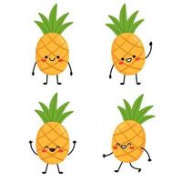 Set cute cartoon characters pineapples. Pineapple with arms and legs, with different emotions. Vector illustration isolated on white background