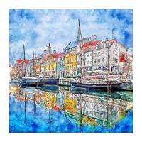 nyhavn kobenhavn dinamarca boceto acuarela dibujado a mano ilustración vector