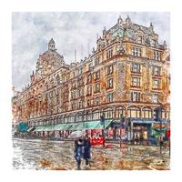 Harrods Knightsbridge London Watercolor sketch hand drawn illustration vector