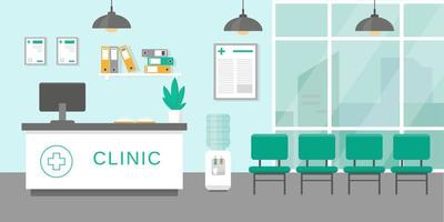 Clinic rectption room or hospital holl interior in flat style. Medicine concept. Vector illustration.