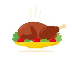 Roast turkey or chicken on plate with vegetables for Thanksgiving day or Christmas diner. Vector illustration isolated on white background.