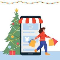 Christmas and New Year Online shopping, big sale concept. Happy young woman with shopping bags leaves online store on phone app near Christmas tree. Flat vector illustration.