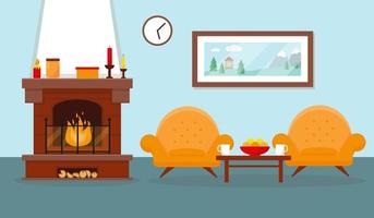 Living room with fireplace and furniture. Vector interior design.