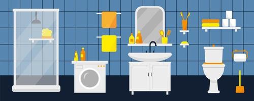 Bathroom interior with furniture, washing machine and toilet. Vector illustration.