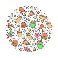 conjunto de doodle de comida rápida dibujado a mano. ilustración vectorial. vector