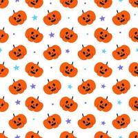 Cute Happy Halloween orange pumpkin lamp jack o lantern pumpkins cartoon seamless pattern vector white background ghost star