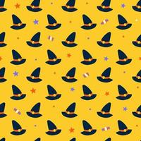 Cute Happy Halloween witch hat hats cartoon seamless pattern vector yellow background ghost star Lollipop candy