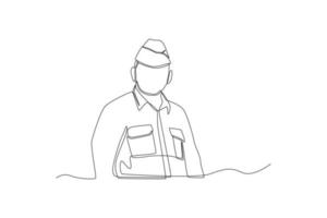 One continuous line drawing of male veteran in uniform with beret. Veterans day concept. Single line draw design vector graphic illustration.