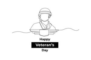 One continuous line drawing of male soldier in uniform with beret in Veterans day concept. Single line draw design vector graphic illustration.