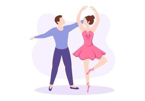 plantilla de ballet dibujado a mano dibujos animados ilustración plana pareja bailarina bailando vistiendo trajes de tutú en el diseño del escenario vector