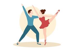 plantilla de ballet dibujado a mano dibujos animados ilustración plana pareja bailarina bailando vistiendo trajes de tutú en el diseño del escenario vector