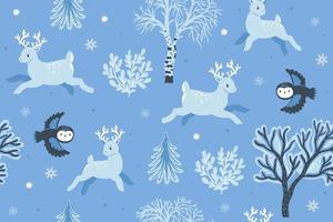 Winter seamless pattern with deers and owls. Vector graphics.