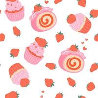 Valentine's day vibe seamless pattern with strawberry cakes. Vector graphics.