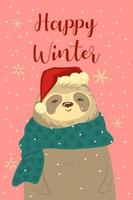 Greeting card with a cute Christmas sloth. Vector graphics.