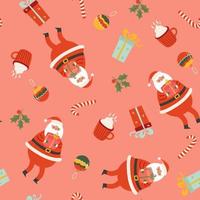 Seamless christmas pattern with santa claus, sweet canes, warm drinks and gifts. Vector graphics.