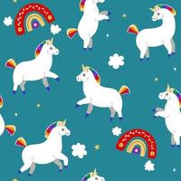 Seamless pattern with unicorns and rainbows. Vector graphics.
