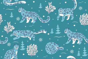 patrón impecable con leopardos de las nieves en el bosque de invierno. gráficos vectoriales vector