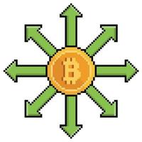 Pixel art bitcoin with direction arrows, bitcoin expansion vector icon for 8bit game on white background