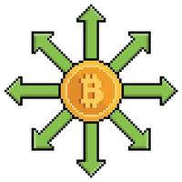 pixel art bitcoin con flechas de dirección, icono de vector de expansión bitcoin para juego de 8 bits sobre fondo blanco