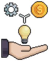 pixel art mano sujetando bombilla, moneda e icono de vector de engranaje para juego de 8 bits sobre fondo blanco