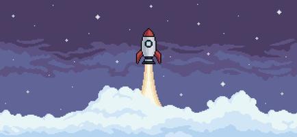 Pixel art background with rocket flying in night sky with clouds background vector for 8bit game