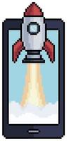 Pixel art mobile phone with rocket on screen, cell phone vector icon for 8bit game on white background