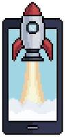 Pixel art mobile phone with rocket on screen, cell phone vector icon for 8bit game on white background