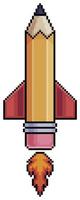 Pixel art pencil rocket vector icon for 8bit game on white background