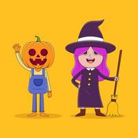 Vector illustration of a halloween celebration with the concept of cute cartoon characters witch and pumpkin man