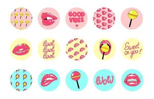 Set of lips and candy stickers templates decorated. Icons for note paper, daily, to do list, planner. Highlights collection. Isolated vector illustration