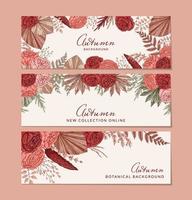 Set of autumn horizontal banners with modern floral elements. Hand drawn botanical vector illustration. Space for text