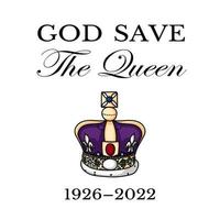 The Queen's death. RIP, God save the Queen.  Rest in peace poster with silhouette of Queen Elizabeth on flag background. Vector illustration for Her Majesty on her 96 years