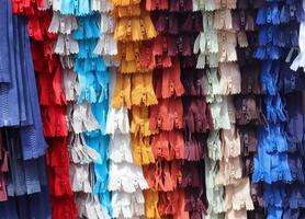 vista de cerca de muestras de cremalleras en diferentes colores encontradas en un mercado de telas. foto