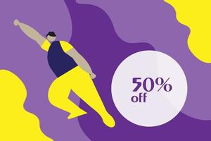 Illustration flat characters customers on 50 off sales, shopping concept. vector