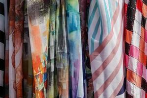 Detailed close up view on samples of cloth and fabrics in different colors found at a fabrics market photo