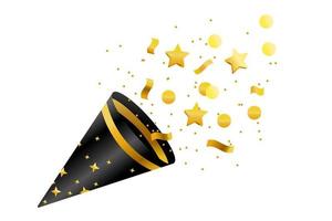 Confetti, firecracker, carnival and paper. Black, gold colors. Circle, star, ribbon. Vector illustration on a white background. Cartoon style.