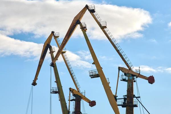 Harbor cranes, container ship terminal, cargo container yard