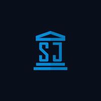monograma del logotipo inicial de sj con vector de diseño de icono de edificio de juzgado simple