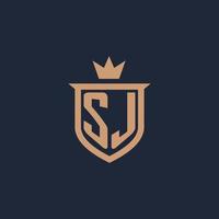 SJ monogram initial logo with shield and crown style vector