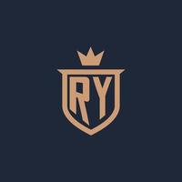 logotipo inicial del monograma ry con estilo de escudo y corona vector