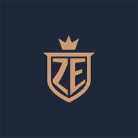 ZE monogram initial logo with shield and crown style vector