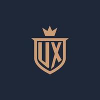 logotipo inicial del monograma ux con estilo de escudo y corona vector