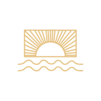 Sunset logo in boho vintage style, illustration of sun in line art outline design png