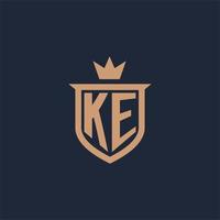 KE monogram initial logo with shield and crown style vector