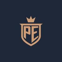 PE monogram initial logo with shield and crown style vector