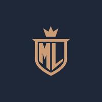 logotipo inicial del monograma ml con estilo escudo y corona vector